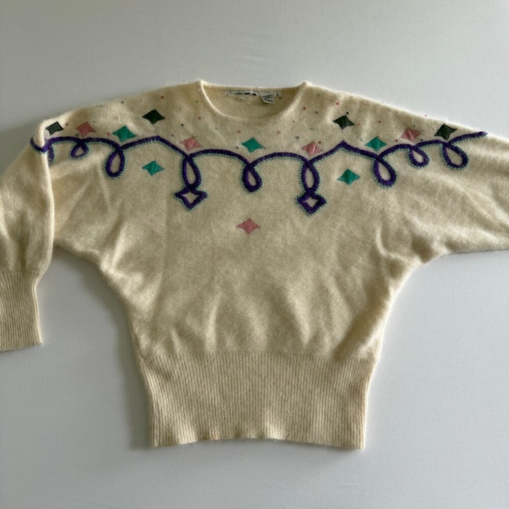 Vintage 80s Pastel Angora Geometric Sweater Cream Ivory Large - Picture 11 of 14